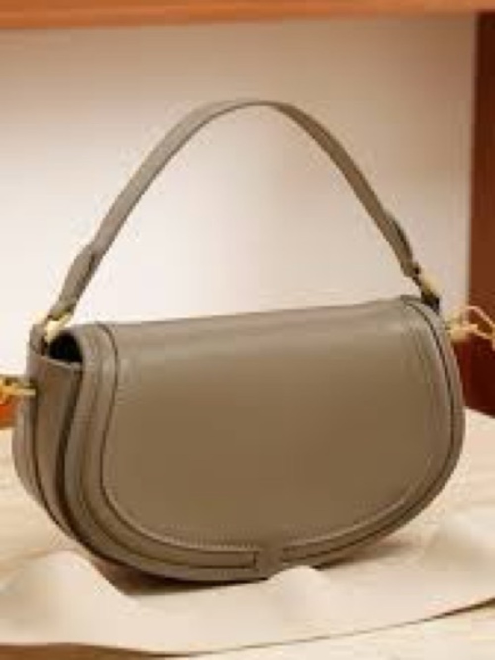 Zara Olive Taupe Crescent Shoulder Bag with Gold Accents
